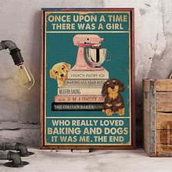 there was a girl who loved baking and dogs poster, vintage poster, puppy dogs with baking books wall decor, baking and d