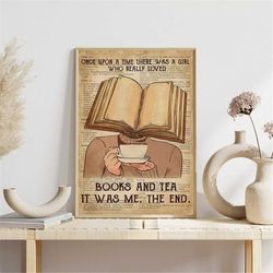 book head a girl who really loved books and tea paper poster, book head girl with a cup of tea wall decor, book wall art