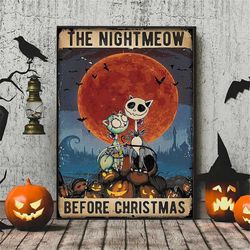 the nightmeow before christmas poster, funny skellington couple cat wall art, holiday gift, christmas decor