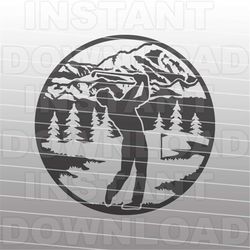 golfer svg file,golf course mountain scene svg,golf tournament svg -vector art commercial & personal use- silhouette,cri