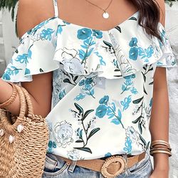 Floral Print Spaghetti Blouse Cold Shoulder Ruffle Trim Tops Women's Clothing