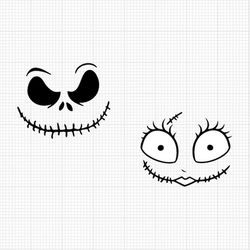 halloween, jack and sally face, svg and png formats, cut, cricut, silhouette, instant download
