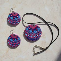 Mandala pendant, Boho Earrings, Wooden jewelry set, Chakra Choker, Round wood earrings, Hand painted necklace, Hippie