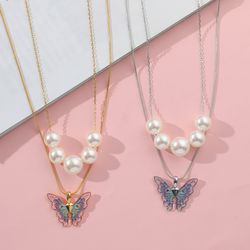 Disney Barbie Fairytopia Mermaidia Enamel Butterfly Pendant Necklace Pop Imitation Pearl Multilayer Jewelry