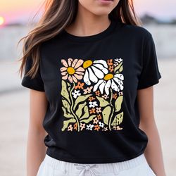 flowers shirt, boho wildflowers, floral nature, garment dyed, wom