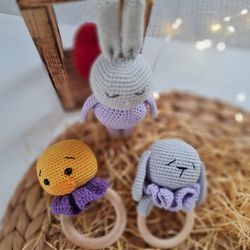 set of 3 baby gift box, crochet baby toy, crochet rattle set, newborn rattle set, crochet rattle bunny, rattle baby toy