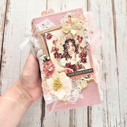 Garden junk journal for sale Lace flowers junk book handmade Romantic roses thick journal completed pink