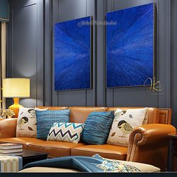 blue painting set of 2 , large texture painting, gold paintings on canvas