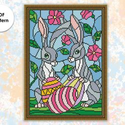 Easter cross stitch pattern "Rabbits with eggs" ES001 - holidays cross stitch pattern, stained glass xstitch chart PDF