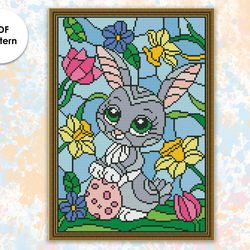 Easter cross stitch pattern "Rabbits with egg" ES002 - holidays cross stitch pattern, stained glass xstitch chart PDF