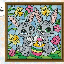 Easter cross stitch pattern "Rabbits with eggs" ES003 - holidays cross stitch pattern, satined glass xstitch chart PDF