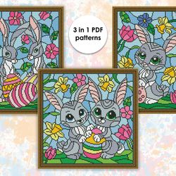 Easter cross stitch patterns "Rabbits with eggs" ES00-ES003 - holidays cross stitch pattern, stained glass xstitch chart