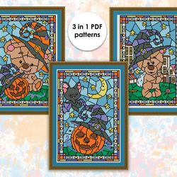 Halloween cross stitch pattern HW003-HW005 stained glass- holidays cross stitch pattern, xstitch chart PDF