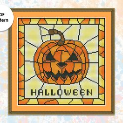 Halloween cross stitch pattern HW006 pumpkin stained glass- holidays cross stitch pattern, xstitch chart PDF