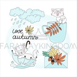 RAIN AND CAT Autumn Season Clip Art Vector Illustration Set