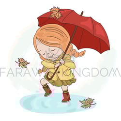 rain girl autumn fall umbrella season vector illustration set