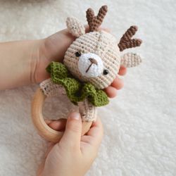 Deer baby rattle crochet amigurumi toy, beige deer first toy baby shower gift
