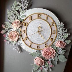 Large white wall clock with 3D roses Shabby chic decor Wedding gift Silent wall clock for bedroom , girl's room