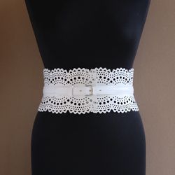 Genuine leather corset belt 29.5"(75cm). Width 4.9"(12.5cm). Wide leather belt in white. Handmade.