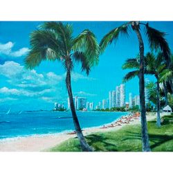 Florida Beach Painting Original Art Seascape Artwork Palm Trees Oil Painting 11.5" by 16" by TimPaintings