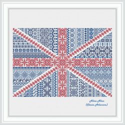 Cross stitch pattern national flag United Kingdom Great Britain ornament monochrome blue England country PDF