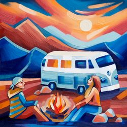 Traveling Painting Motorhome Original Art Romantic Artwork Mountain Wall Art Canvas 16 by 16 inches
