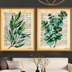 eucalyptus painting dictionary book page art, vintage botanical prints, set 2 pieces, cool artwork office wall decor