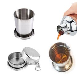 portable stainless steel folding cup-retractable camping mug w lid & keychain 250 ml
