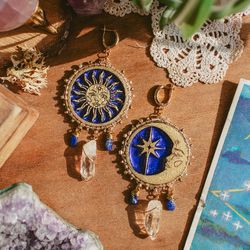 midnight sun earrings - bohemian festival jewelry with clear quartz crystals, sun and moon accessory. made to order