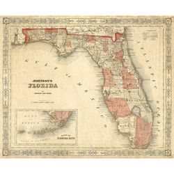 old florida map 1863 johnson's map of florida restoration style florida state map vintage florida wall map coastal map h