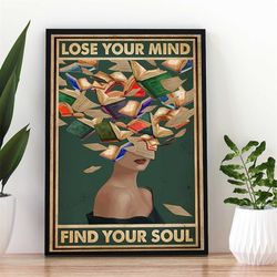 lose your mind find your soul reading book vintage poster, girl print art, book lovers gift, reading book room decor