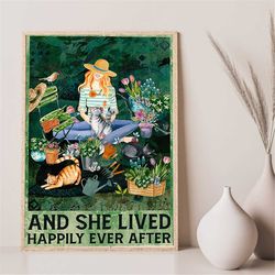 gardening she lived happily ever after poster, gardening girl with cats wall decor, gift for gardener, plants lover gif
