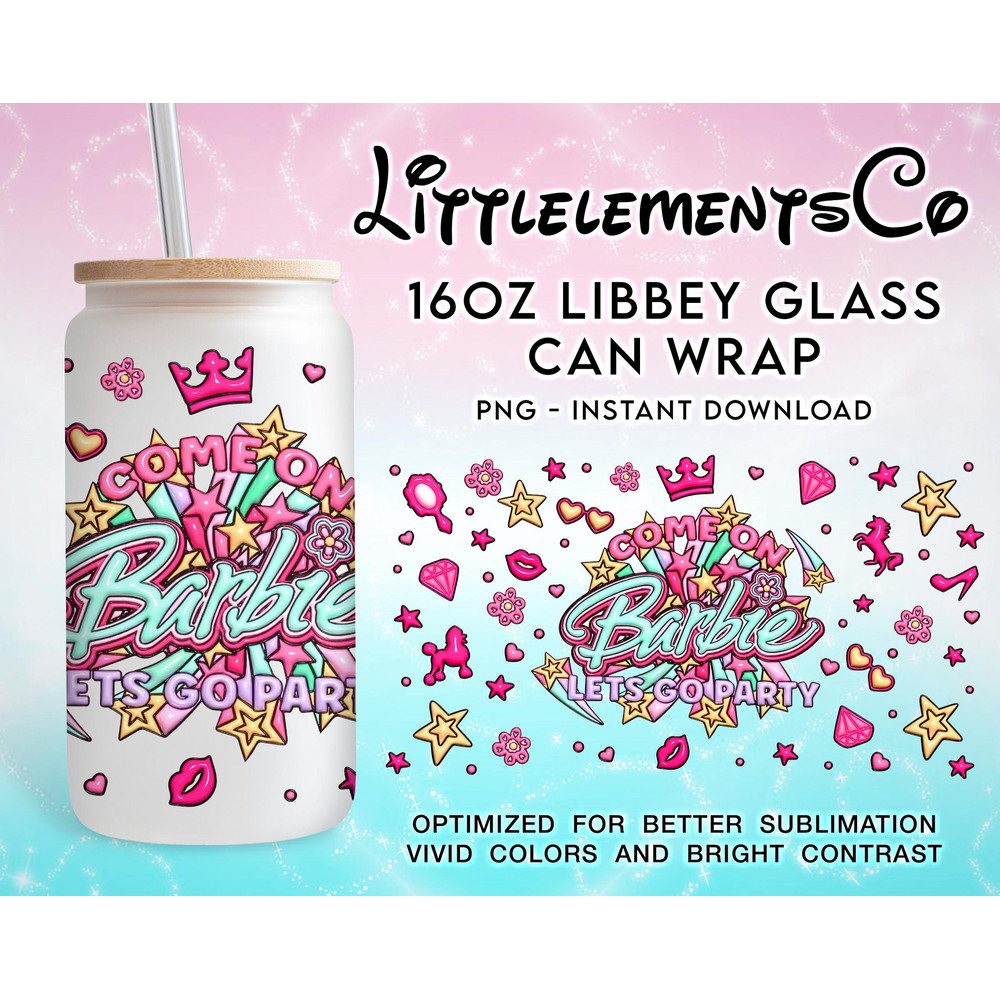 Come On Barbie Lets Go Party Inflated 16oz Libbey Glass Can Wrap, Barbi Doll 16oz Libbey Glass Can Wrap - 1.jpg