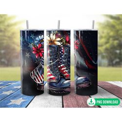 3d patriotic army boots flower tumbler wrap png, american flag floral veteran tumbler sublimation, 20oz skinny tumbler p