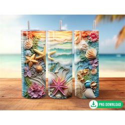 3D Starfish and Seashells Sunset Beach Tumbler Wrap PNG, Tropical Summer Tumbler Sublimation, 20oz Skinny Tumbler PNG, T