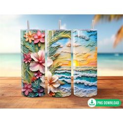 3D Hawaiian Flowers on Sunrise Beach Tumbler Wrap PNG, Hawaii Vacation Summer Tumbler Sublimation, 20oz Skinny Tumbler P