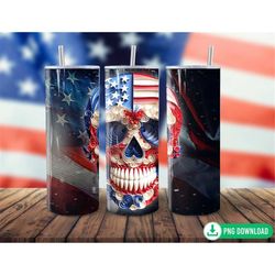 3d skull 4th of july tumbler wrap png, american flag skull tumbler wrap, 20oz skinny straight tumbler png sublimation, p