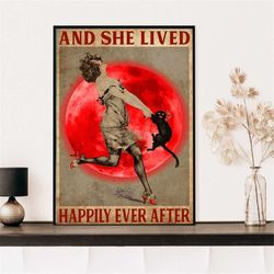 and she lived happily ever after poster vintage poster, a woman dancing with black cat art prints, woman and black cat d