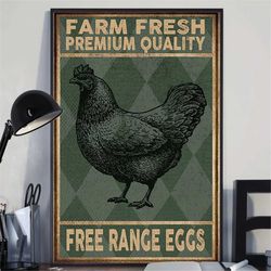 farm fresh premium quality frees range eggs vintage poster, funny hen wall decor, chicken poster, chicken farm wall art,