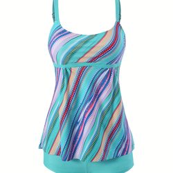 Colorful Digital Pattern Tankini Sets  Shorts Stretchy Tummy Cover Two Piece Women's Swimwear