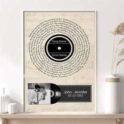 Custom Song Lyrics Poster, Personalized Vinyl Record With Couple Photo Wall Art, Gifts for Husband Gift For Wife, Music