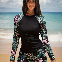 Tropical Print Tankini Sets Long Sleeves Round Neck Rash Guard Boxer Short Bottom Two Pieces Swimsuit