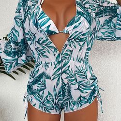 3 Piece Print Bikini Sets With Sheer Cover Up Drawstring Overall Swimsuit Women's Swimwear