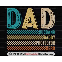retro husband daddy protector hero svg, funny fathers day svg, dad checkered png sublimation, sunset vintage dad, instan