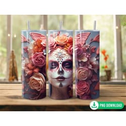 3d sugar skull pink roses tumbler wrap png, floral mexican skull tumbler sublimation, 20oz skinny tumbler png, tumbler t