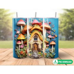 3d mushroom house in forest tumbler wrap png, rainbow mushroom tumbler sublimation, 20oz skinny tumbler png, wildflowers