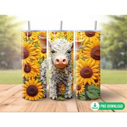 seamless 3d baby highland cow and sunflower tumbler wrap png, western tumbler sublimation, 20oz skinny tumbler png, summ