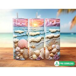 3D Seashells Beach Tumbler Wrap PNG, Summer Sunset Ocean Seashells Tumbler Sublimation, 20oz Skinny Tumbler PNG, Nautica