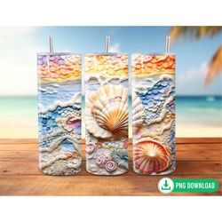 Seamless 3D Seashells Beach Tumbler Wrap PNG, Summer Vacation Sunrise Tumbler Sublimation, 20oz Skinny Tumbler PNG, Tumb