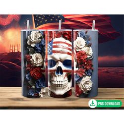 3d us flag skull tumbler wrap png, patriotic 4th of july red white blue flower tumbler sublimation, 20oz skinny tumbler